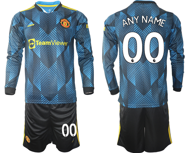 Men 2021-2022 Club Manchester united second away blue Long Sleeve customized Soccer Jersey->customized soccer jersey->Custom Jersey